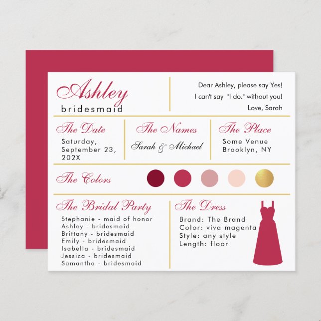 Bridesmaid Information Card Modern Magenta Dourado (Frente/Verso)