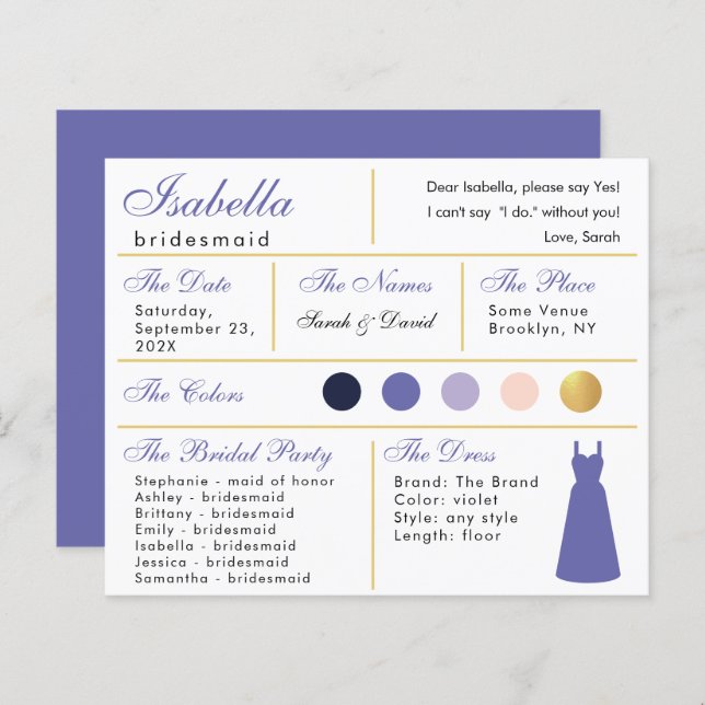 Bridesmaid Information Card Violet Purple Dourado (Frente/Verso)
