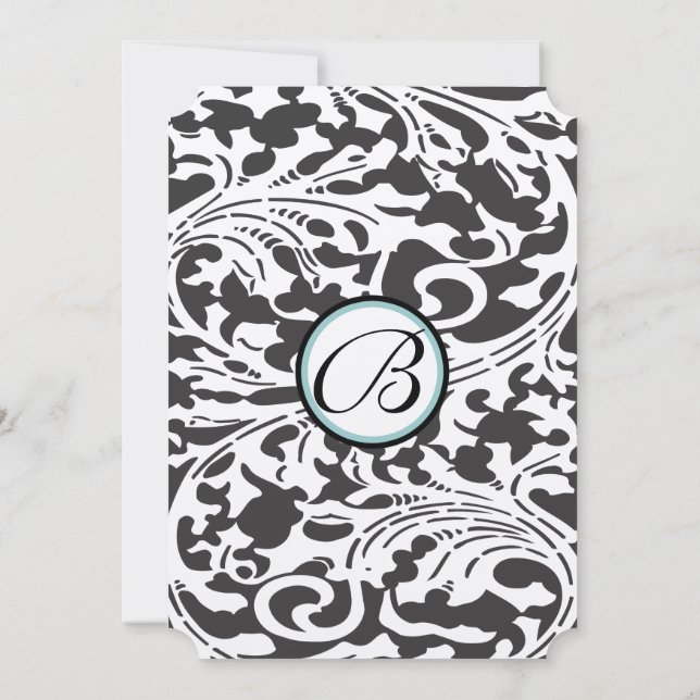 Bright Aqua Damask Leaf Swirls Convite Para Casame (Verso)