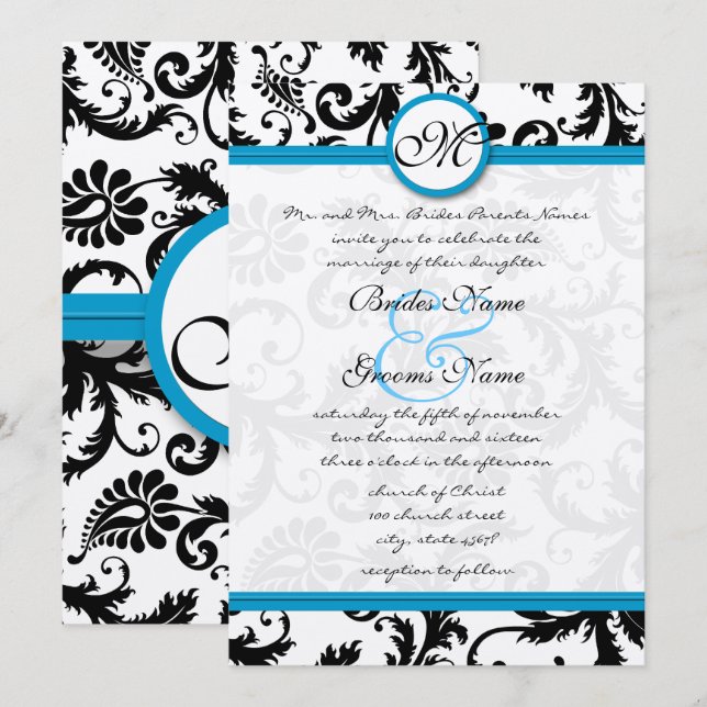 Bright Aqua Damask Swirls Convite de Casamento 5 x (Frente/Verso)