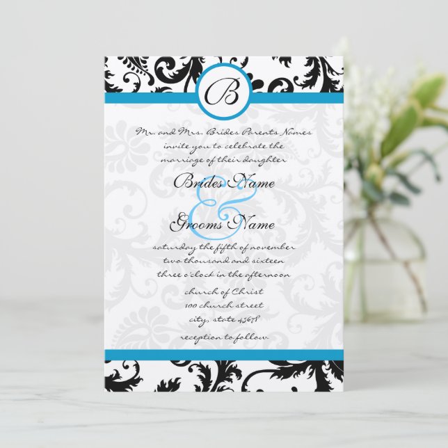 Bright Aqua Damask Swirls Convite de Casamento 5 x (Em pé/Frente)