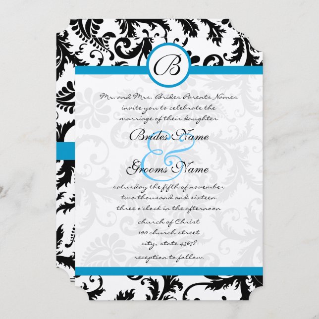 Bright Aqua Damask Swirls Convite de Casamento 5 x (Frente/Verso)