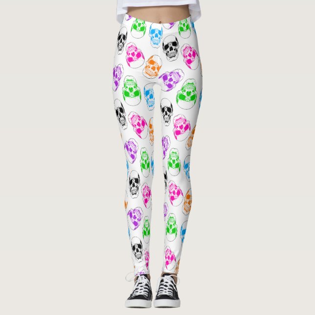 Bright Halloween Leggings com caveiras Coloridos (Frente)