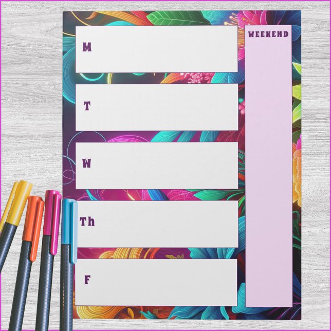 Bright Tropical Semanal - Bloco de Notas Vertical (5-day weekly vertical calendar notepad with spot for weekend or notes. )