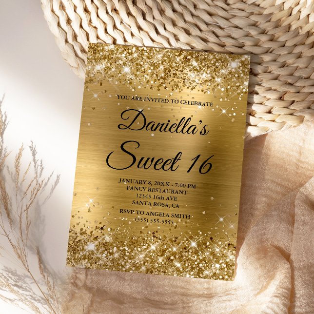Brilhante Glitter Dourado e Convite de Aniversário (Create your own golden glam Sweet 16 invite for her.)