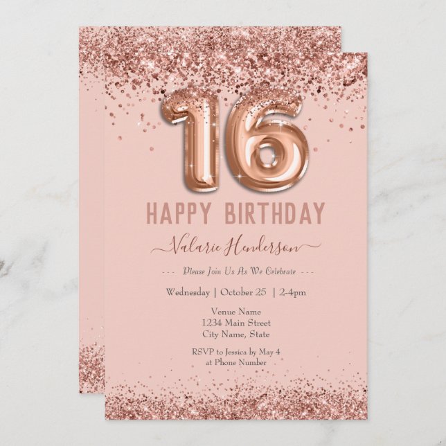 Brilhante Rosa Feliz 16º Aniversário (Frente/Verso)