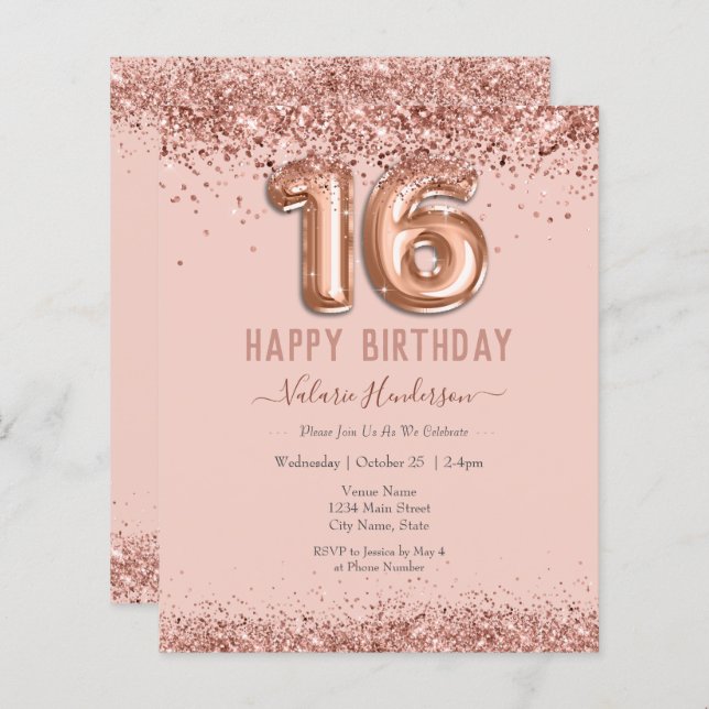 Brilhante Rosa Feliz 16º Aniversário (Frente/Verso)