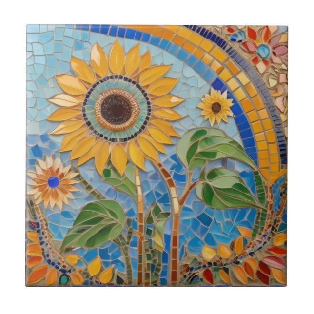 Brilhante Summery Sunflower Faux Mosaic Sky Azul (Frente)