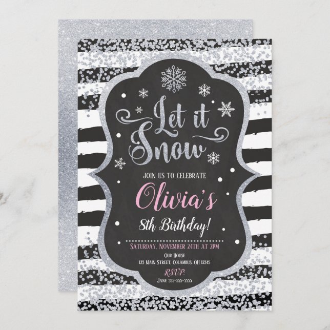 Brilho do convite do aniversário do floco de neve (Frente/Verso)