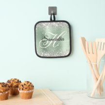 Brilho Prateado Hortelã Verde Folha Fancy Monogram