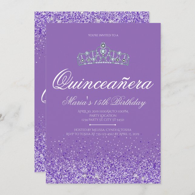 Brilho roxo perfeito, convites de Quinceanera (Frente/Verso)
