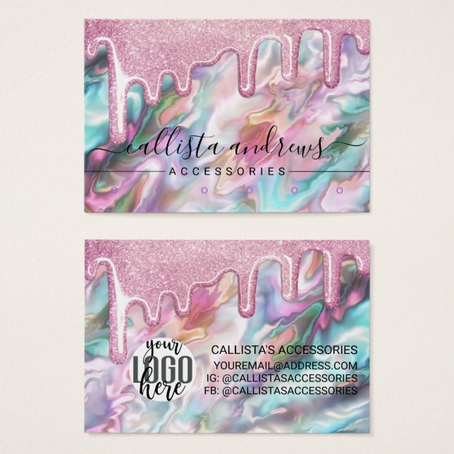 Brinco curto Pink Pearl Opal com Glitter Drips e L (Frente & Verso)