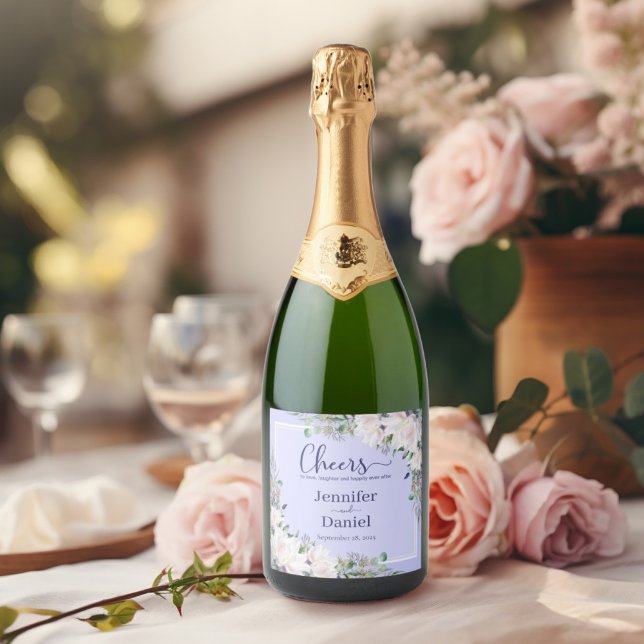 Brinde de Casamento de Lavanda de Penas Rosa-Rindo (Cheers! Love Laughter and Happy Ever After Pink Peony Lavender Wedding Toast Sparkling Wine Label)