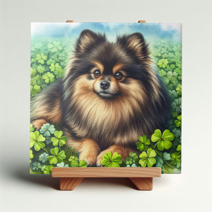 Brindle Pomeranian Watercolor Clover Shamrock