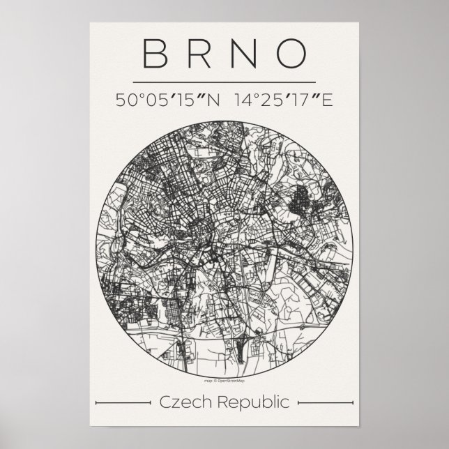 Brno City Map Poster – Minimal Charcoal Design (Frente)