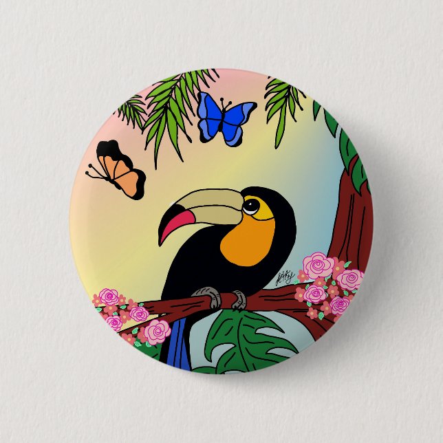 Broche Boton Tucano tropical e borboletas (Frente)