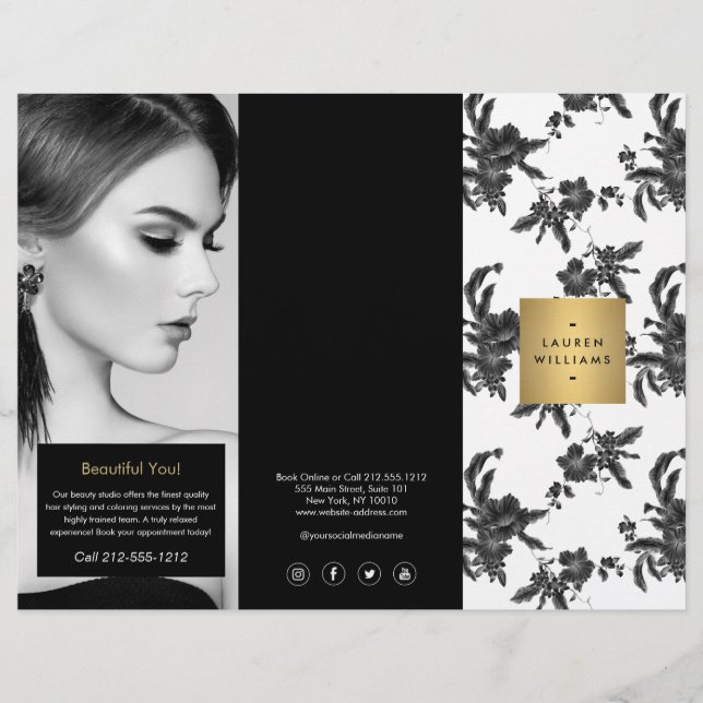 Brochura tripla de padrão floral preto de vinheta (Frente)