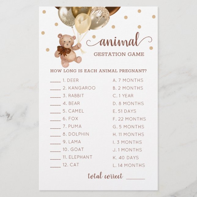 Brown And Gold Teddy Bear Animal Gestation Game (Frente)
