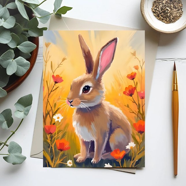 Brown Bunny Floral Field Animal Painting Card (Criador carregado)