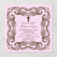 Brown & convite cor-de-rosa do baptismo do quadro