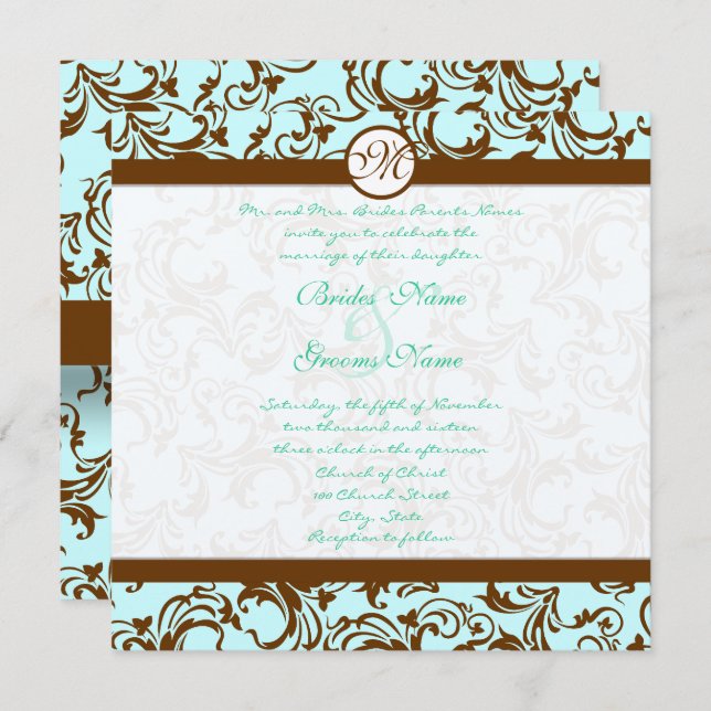Brown Damask Light Aqua Blue Casation Convite (Frente/Verso)