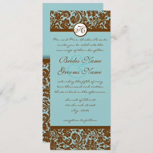 Brown Damask Sobre O Convite Para Casamento Azul D (Frente/Verso)