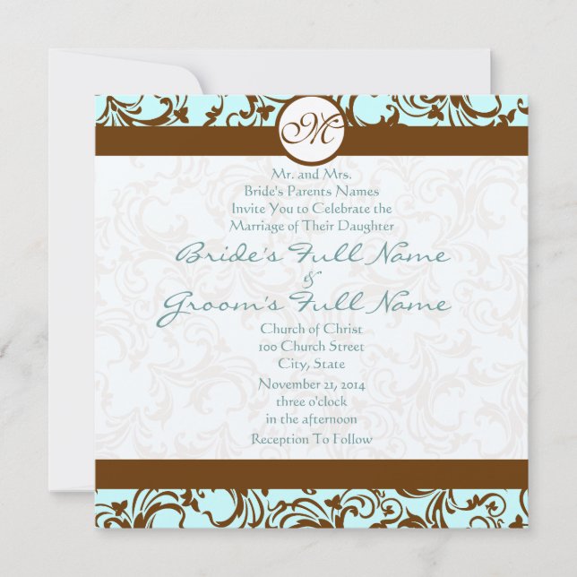 Brown Damask sobre o Convite para Casamento Azul d (Frente)