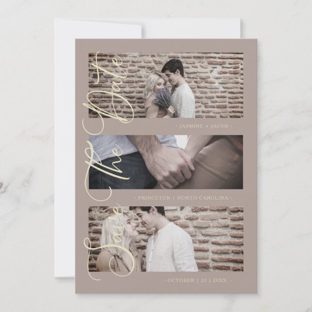 Brown Golden Trendy Modern 3 Wedding Photos (Frente)