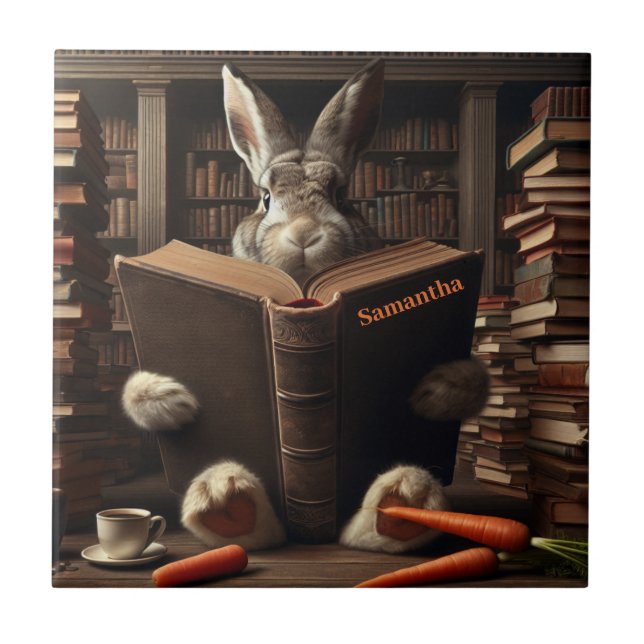 Brown Hare lendo na biblioteca. Nome editável (Frente)