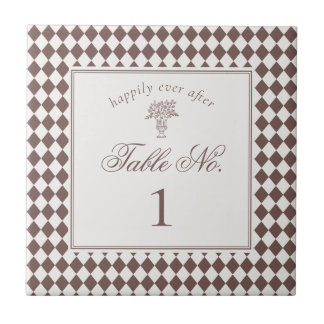 Brown Harlequin Checkered Wedding Table Number