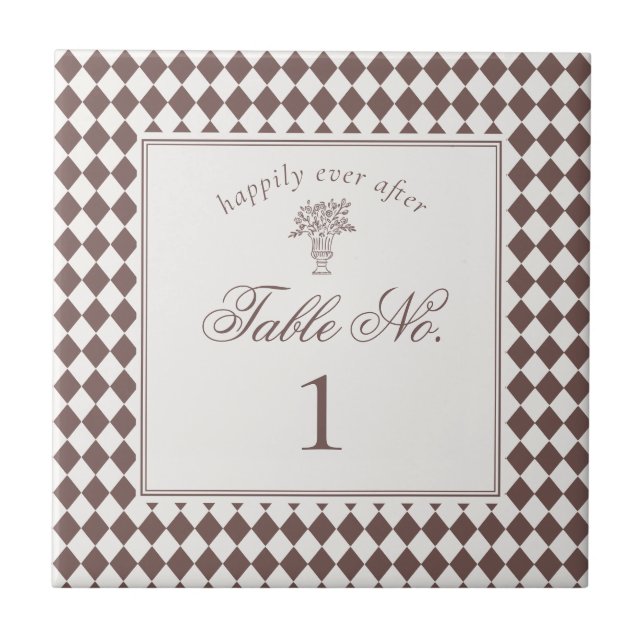 Brown Harlequin Checkered Wedding Table Number (Frente)