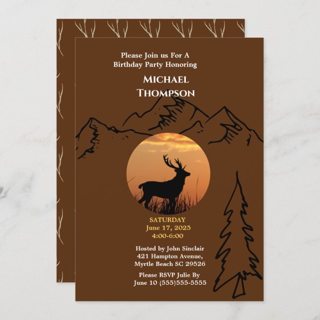 Brown Orange Deer Sunset Birthday Convite (Frente/Verso)