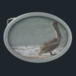 Brown Pelican na praia<br><div class="desc">Foto de um pelicano marrom apreciando a água e a areia na praia em um dia ensolarado em uma fivela de cinto</div>