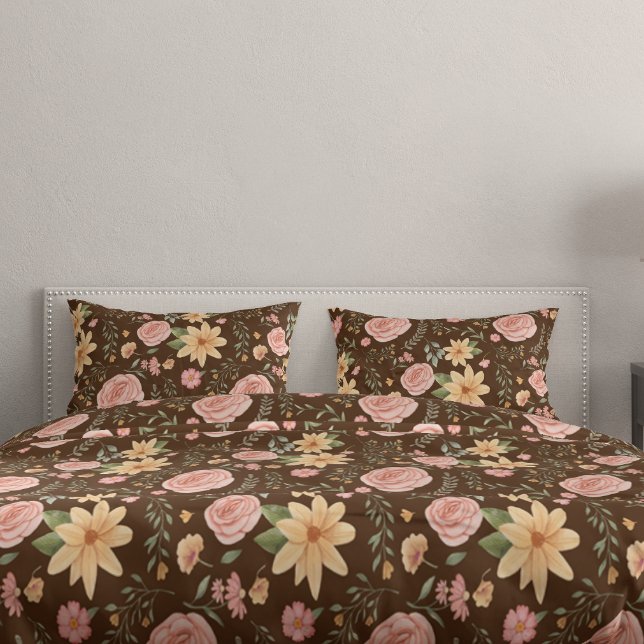 Brown Vintage Wildflower Rosa Pattern (Brown Vintage Wildflower Rose Pattern Pillow Case)