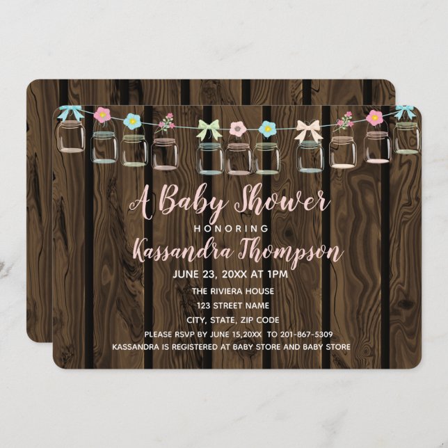 Brown Wood Rustic Mason Jar Chá de fraldas Convite (Frente/Verso)