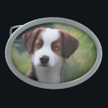 Bruce The Border Collie Puppy, Belt Buckle<br><div class="desc">Foto de uma tinta a óleo é um cachorrinho branco e marrom da Border Collie chamado Bruce.</div>