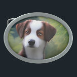 Bruce The Border Collie Puppy, Belt Buckle<br><div class="desc">Foto de uma tinta a óleo é um cachorrinho branco e marrom da Border Collie chamado Bruce.</div>