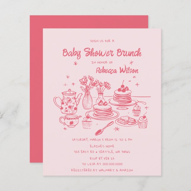 Brunch Chá de fraldas de Menina Rosa-De-Mão-Rosa-D (Frente/Verso)