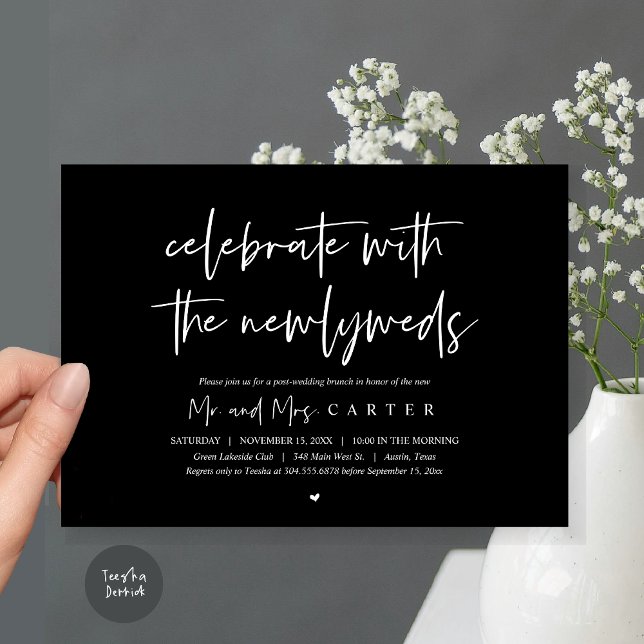 Brunch com recém-casados, convite para casamento p (Celebrate with the newlyweds, Wedding Brunch Invitation Card, PDF, in Classy Black)