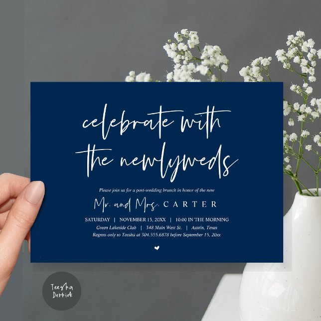Brunch com recém-casados, convite para casamento p (Celebrate with the newlyweds, Wedding Brunch Invitation Card, PDF, in Navy Blue)