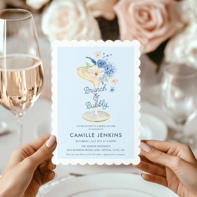 Brunch Floral Azul e Convite Bridal Borrível (Blue Brunch and Bubbly Bridal Shower invitation)