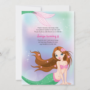 Brunette Mermaid - Cartão de Convite de Aniversári