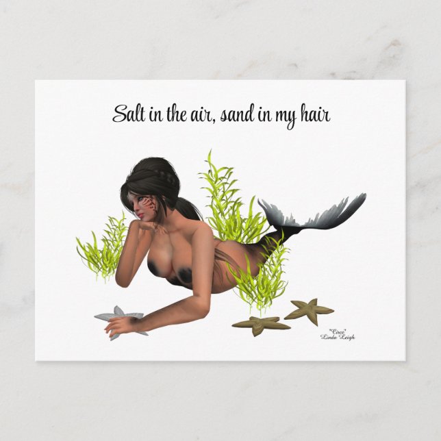 Brunette Mermaid com cartão postal Starfish (Frente)
