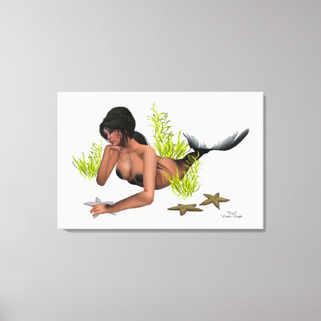 Brunette Mermaid com Starfish Canvas Print (Frente)