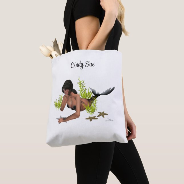 Brunette Mermaid com Starfish Tote Bag (Close Up)