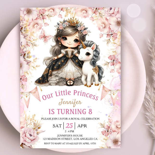 Brunette Princess Unicorn 8º Aniversário Convite (Criador carregado)