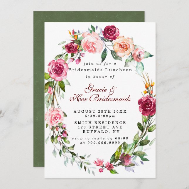 Brurgundy Floral Bridesmaids Luncheids Convidados (Frente/Verso)