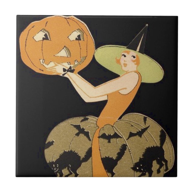 Bruxa Art Déco Abóbora Jack O Lantern Gato Preto (Frente)