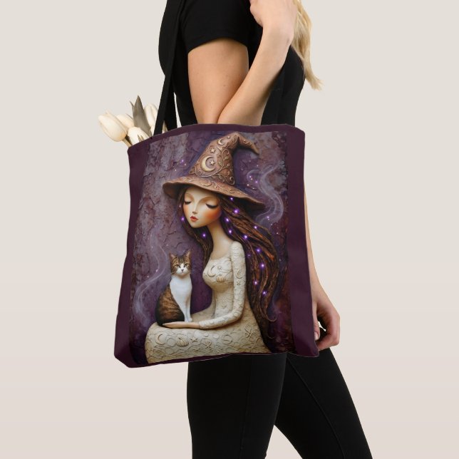 Bruxa Caprichosa Gato Halloween Lua Bolsa Tote (Close Up)