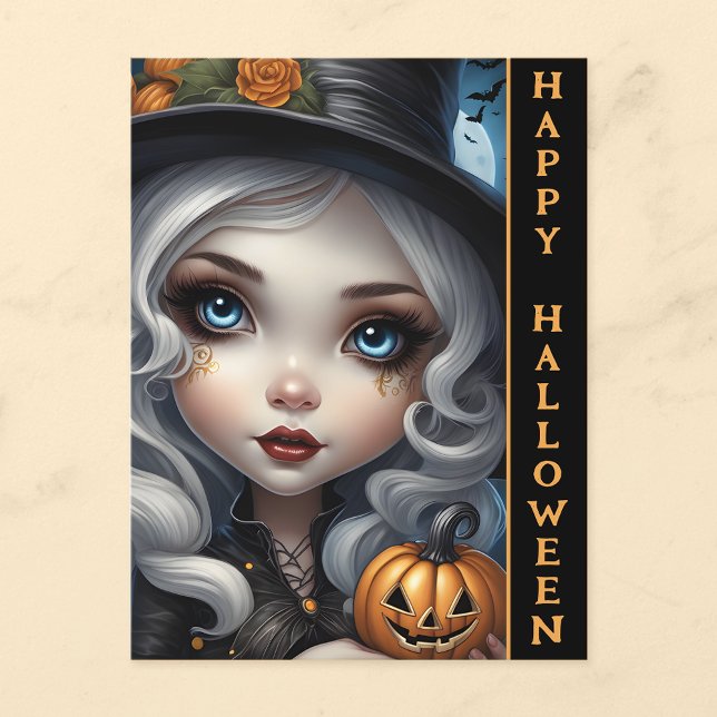 Bruxa com Abóbora Talhada Cartão Postal Feliz Hall (🧙‍♀️ Spooky Greetings: Witch Doll Halloween Postcard! 🎃)